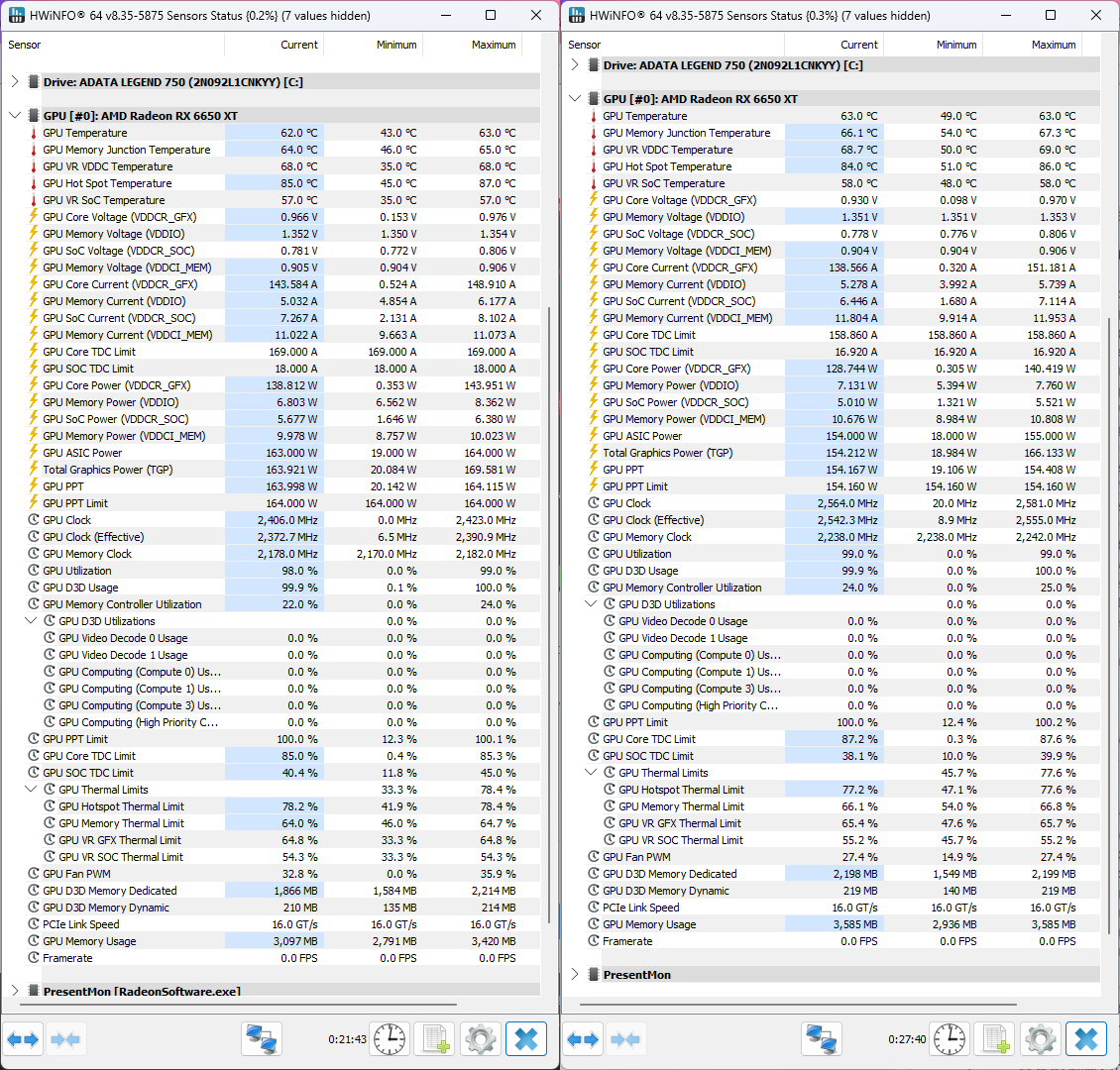HWiNFO, OCCT. Слева—сток. Справа—тюн